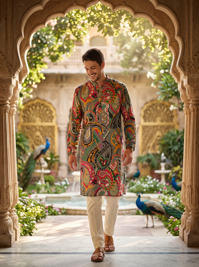 Men's Vibrant Multicolor Paisley Print Art Silk Blend Kurta 6