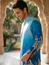 Men's Ombre Blue Peacock & Forest Embroidered Art Silk Kurta 2