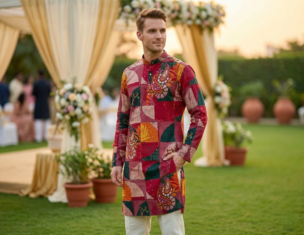 Men Maroon Patchwork Printed Ethnic Kurta