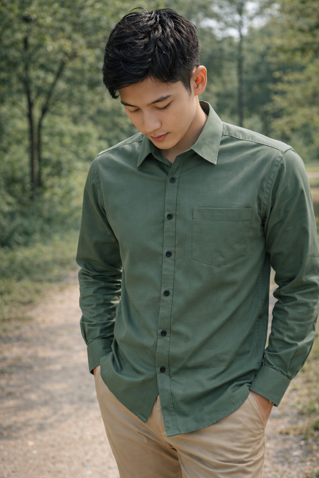 Men's dusty green slim-fit casual shirt, product view