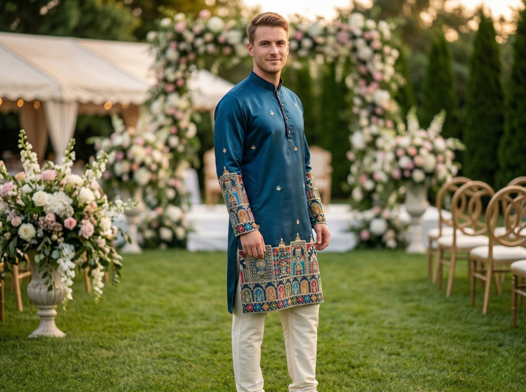 Men Blue Kurta for Festive & Wedding Wear with Ethnic Border