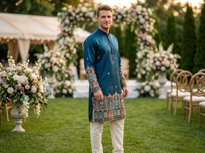 Men Blue Kurta for Festive & Wedding Wear with Ethnic Border 5