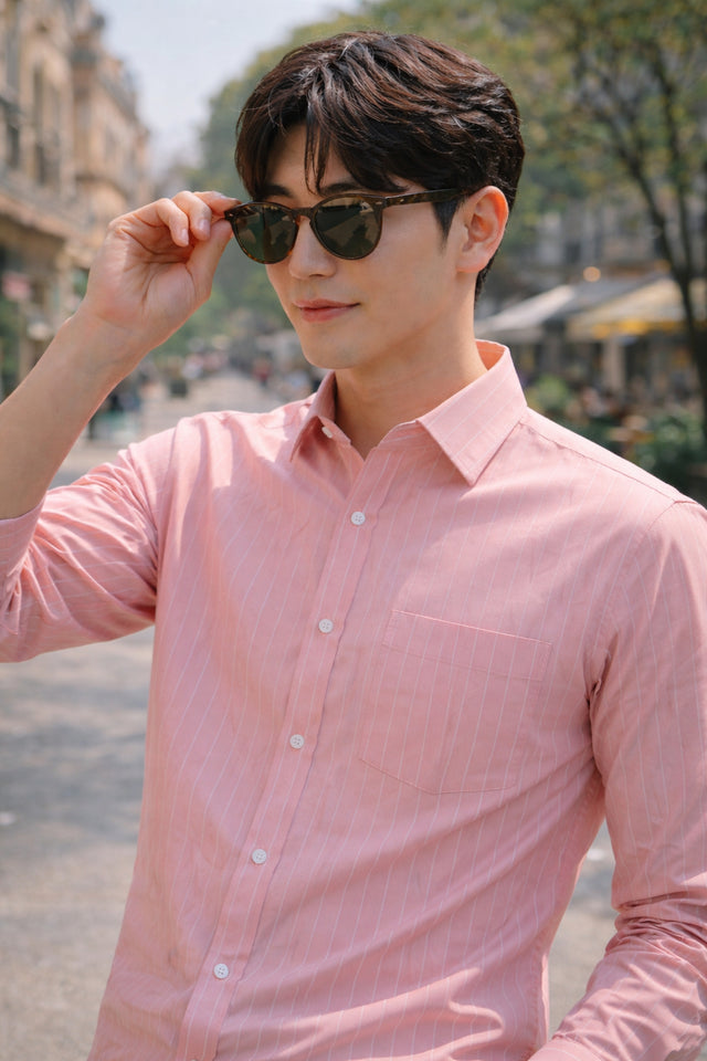 Mens Pink Striped Slim Fit Casual Shirt