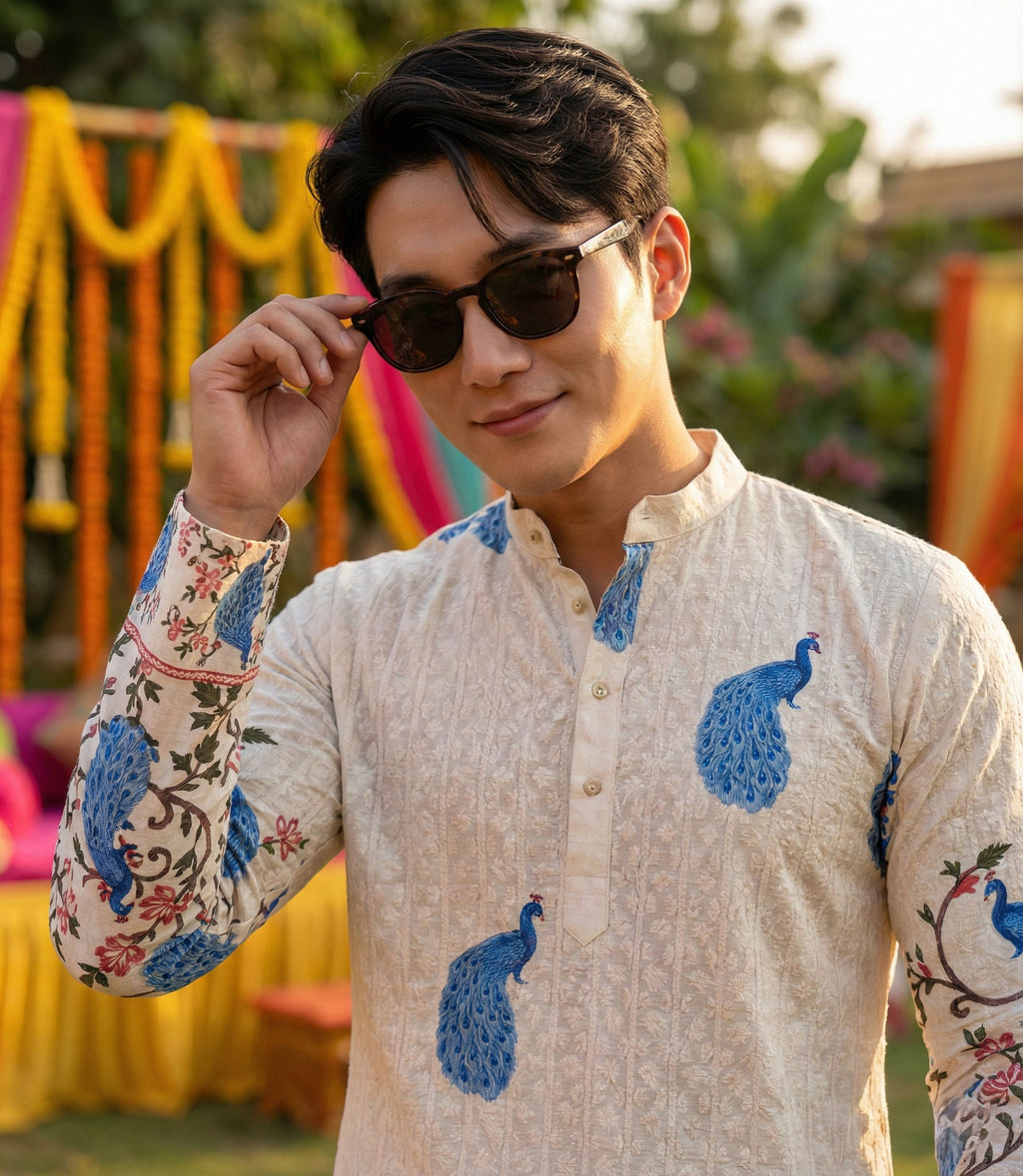 Men Cream Peacock Motif Printed Ethnic Kurta