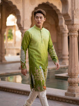 Men's Art Silk Ombre Green Tree of Life Embroidered Kurta 5