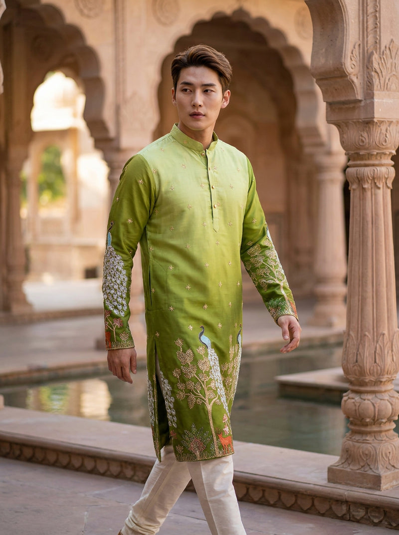 Men's Art Silk Ombre Green Tree of Life Embroidered Kurta 5