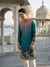Men's Ombre Teal-Pink Kurta with Intricate Folk Art Embroidery 5