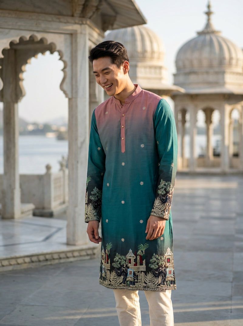 Men's Ombre Teal-Pink Kurta with Intricate Folk Art Embroidery 5