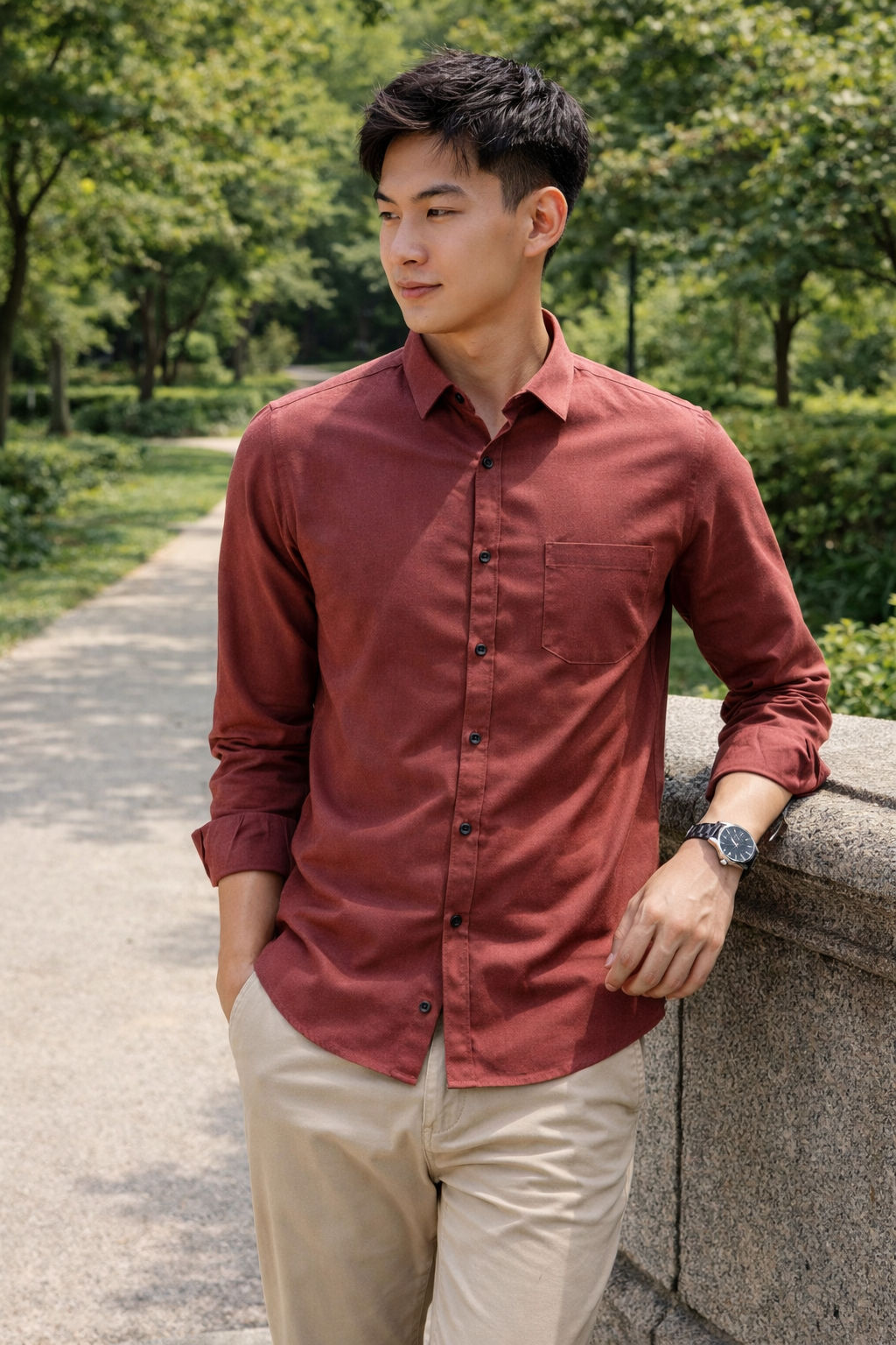 Men's burnt red slim-fit casual shirt, product view