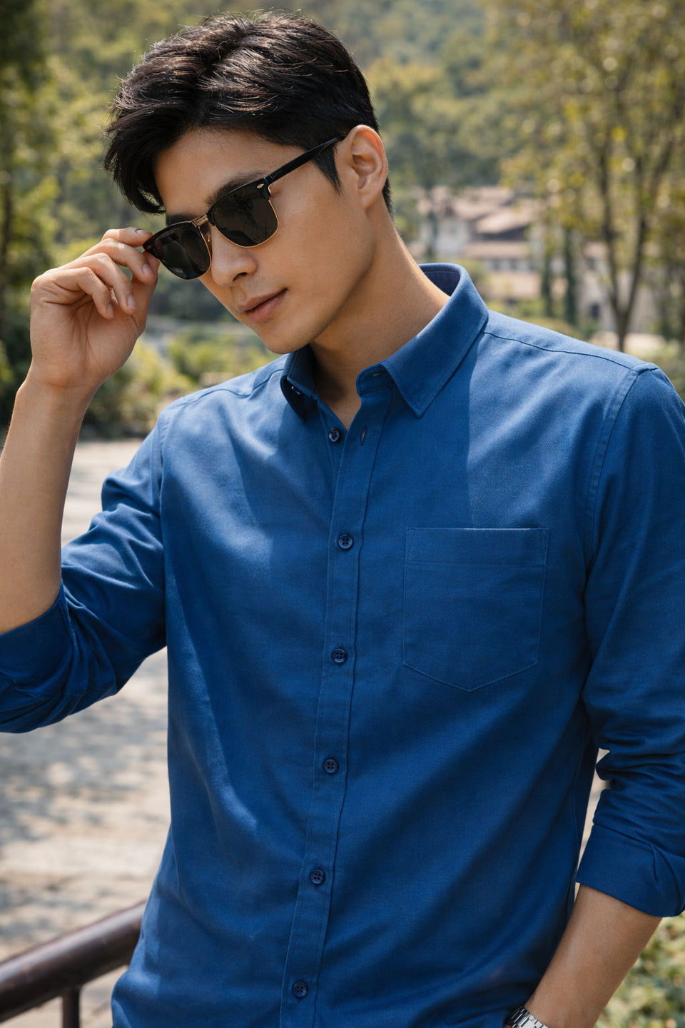 Men's royal blue slim-fit casual shirt, product view