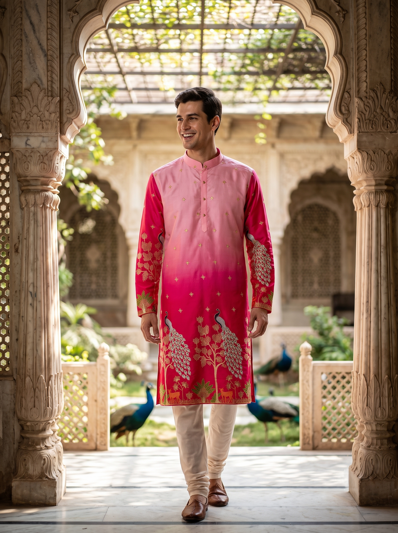 Men's Ombre Pink Peacock Embroidered Art Silk Kurta 5