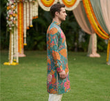 Men Teal Green Floral Printed Kurta 5