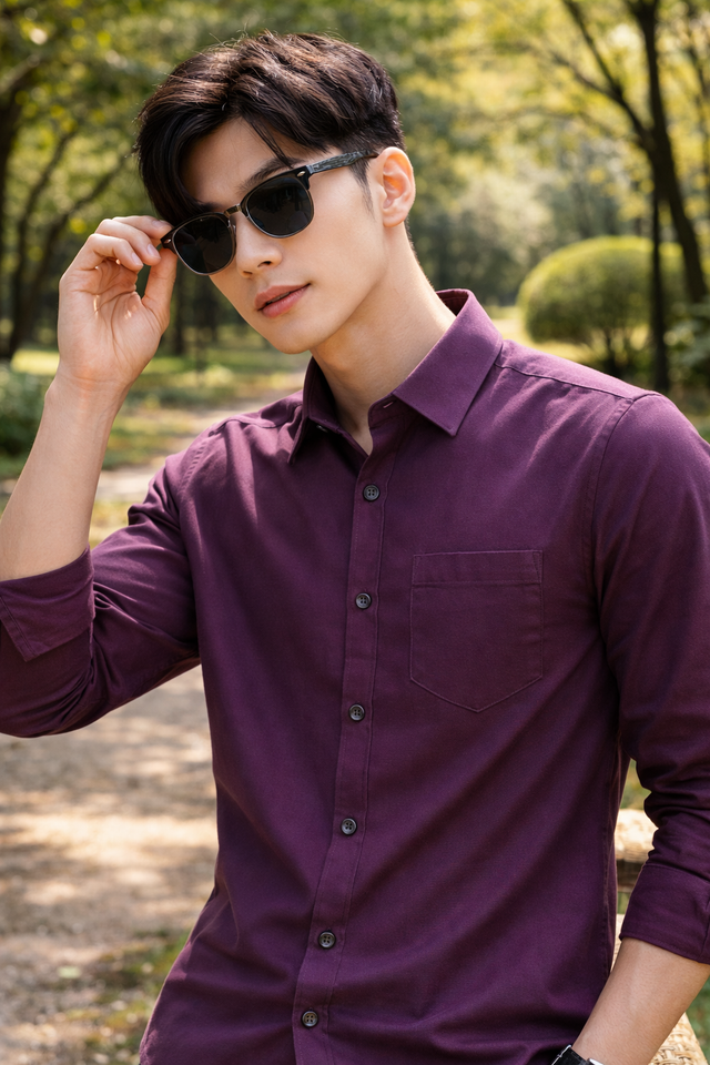 Men's plum slim-fit casual shirt, product view