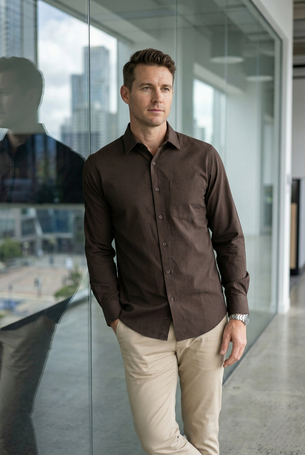 Men Brown Textured Striped Slim Fit Casual Shirt