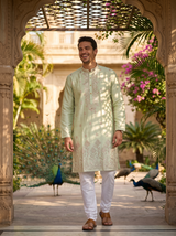 Men's Pistachio Green Embroidered Art Silk Kurta 5