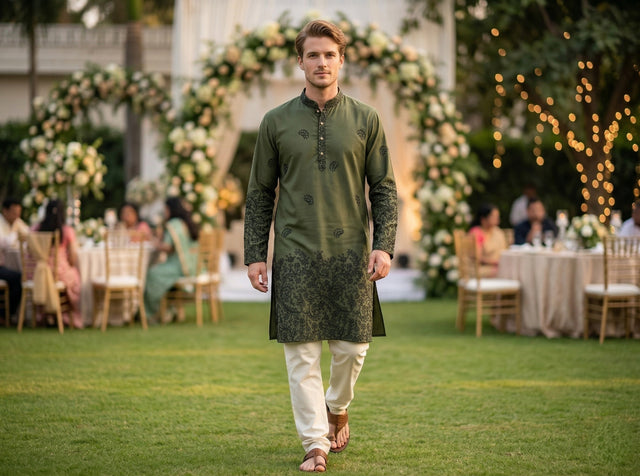 Men Olive Green Embroidered Ethnic Kurta