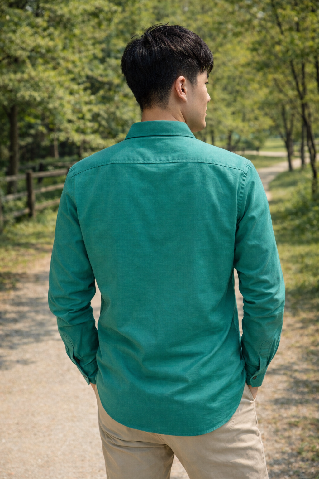 Men's teal green slim-fit casual shirt, product view