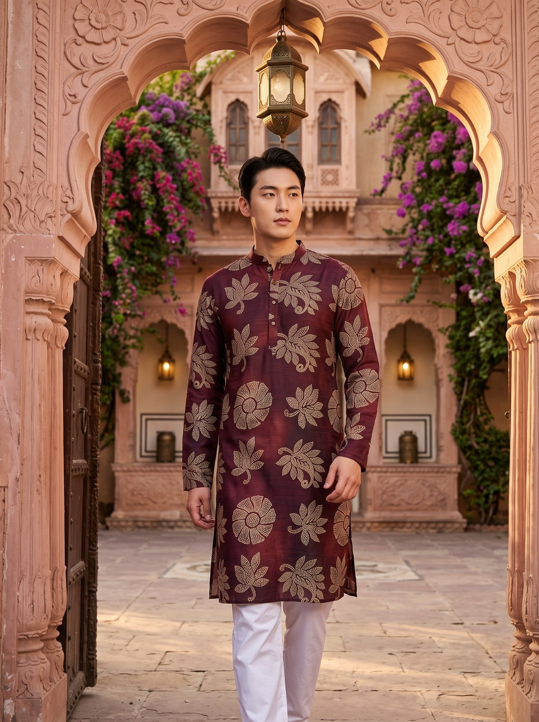 Men's Wine Maroon Beige Botanical Print Viscose Rayon Blend Kurta