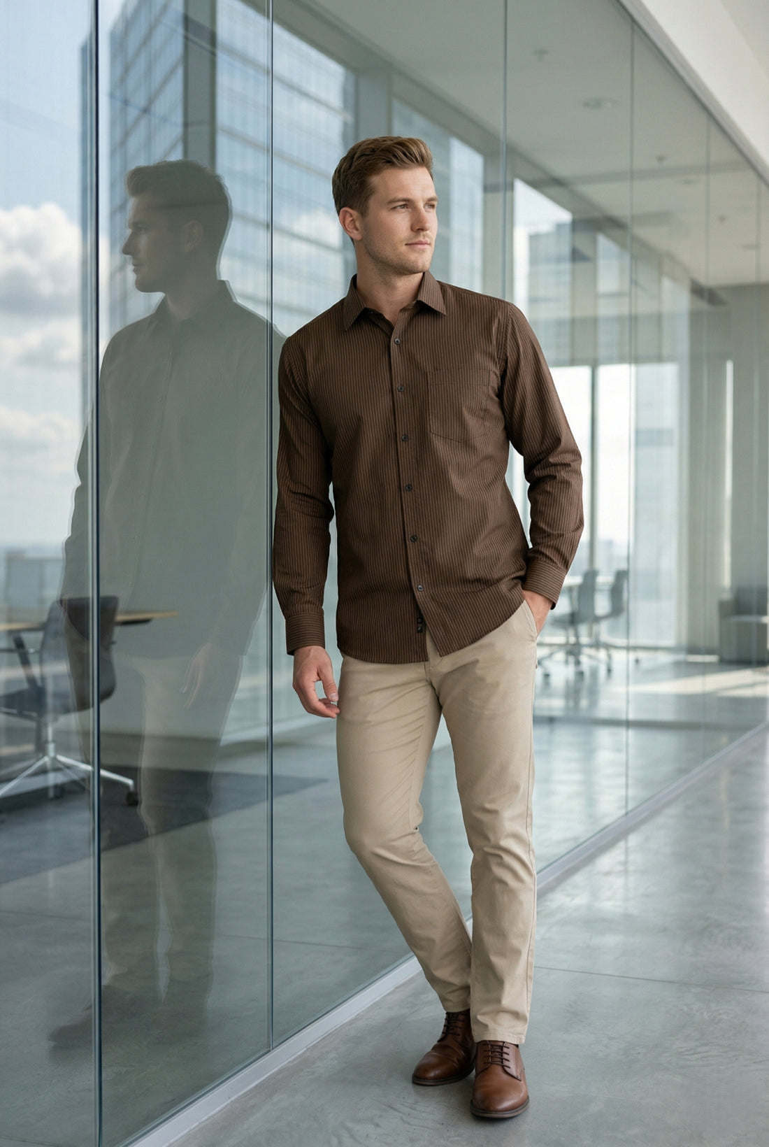 Men Dark Brown Textured Striped Slim Fit Casual Shirt