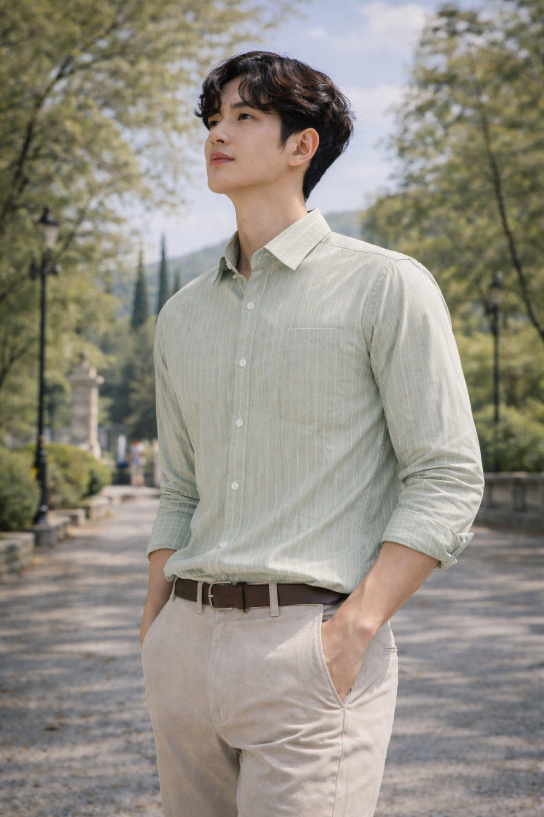 Mens Light Green Striped Slim Fit Casual Shirt