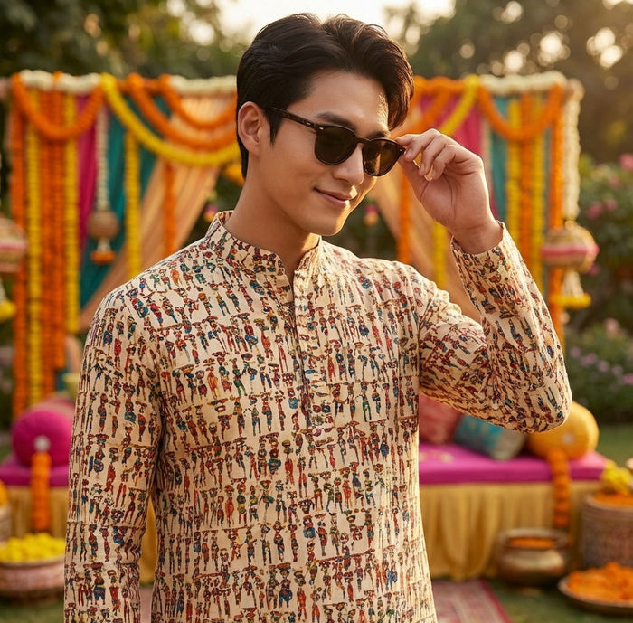 Men’s Cream Figurative Printed Kurta 2