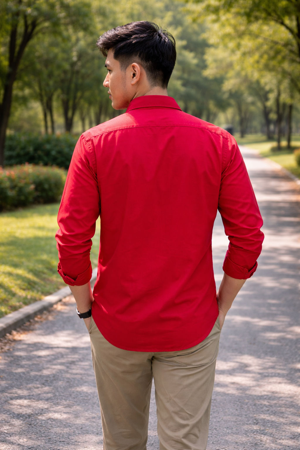 Men's classical red slim-fit casual shirt, product view