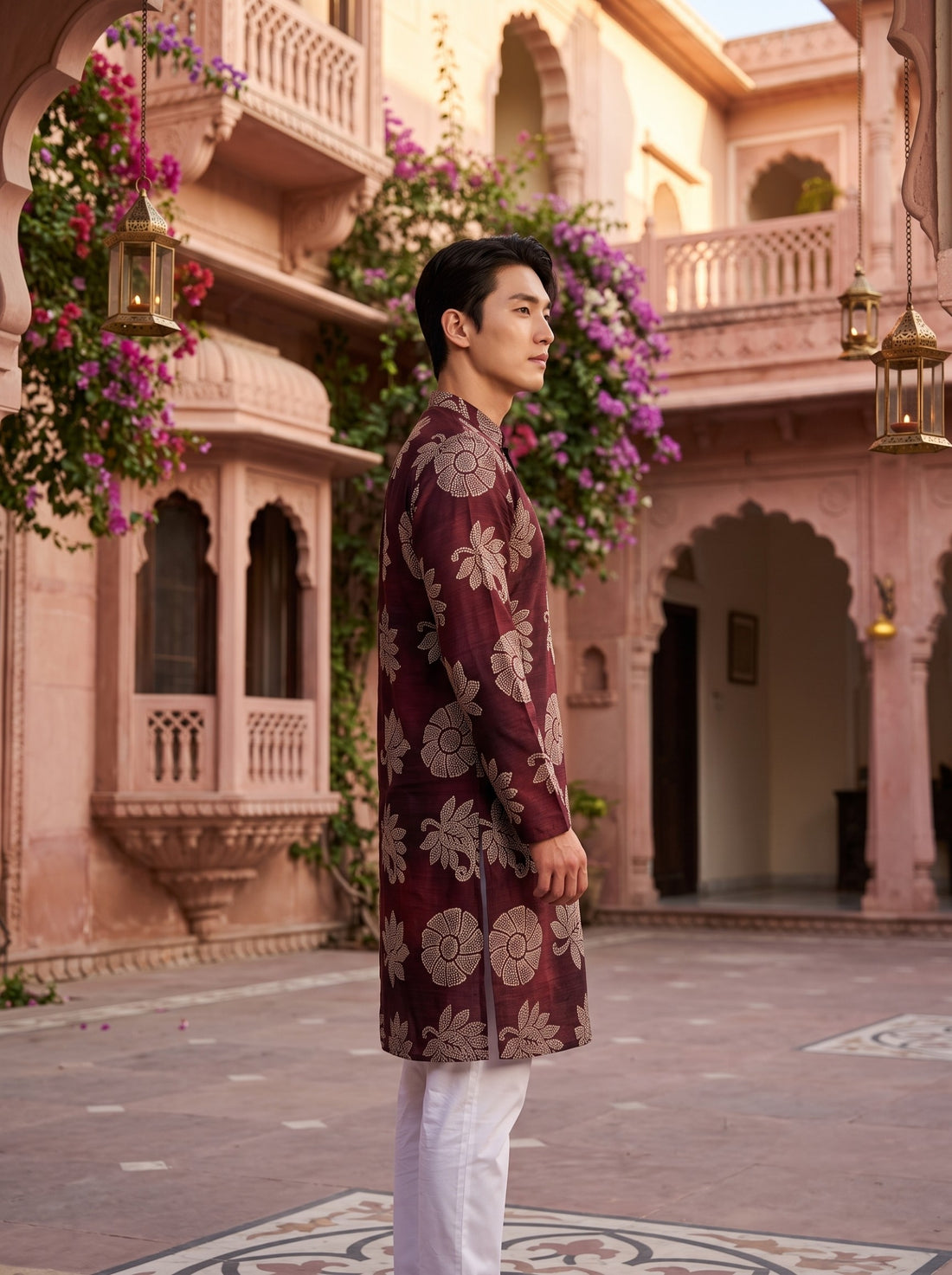 Men's Wine Maroon Beige Botanical Print Viscose Rayon Blend Kurta
