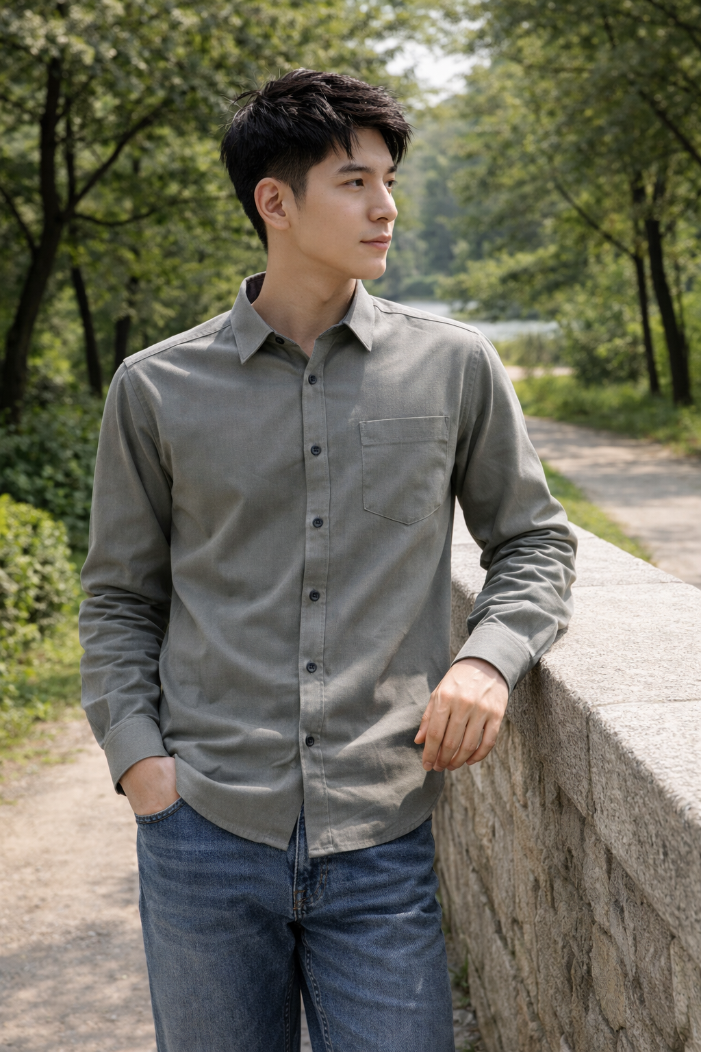 Men's grey slim-fit casual shirt, product view