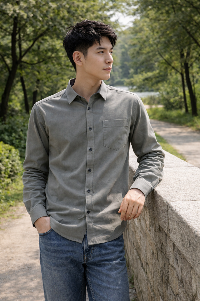 Men's grey slim-fit casual shirt, product view