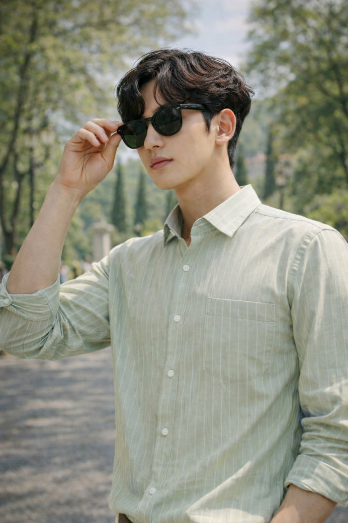 Mens Light Green Striped Slim Fit Casual Shirt 2