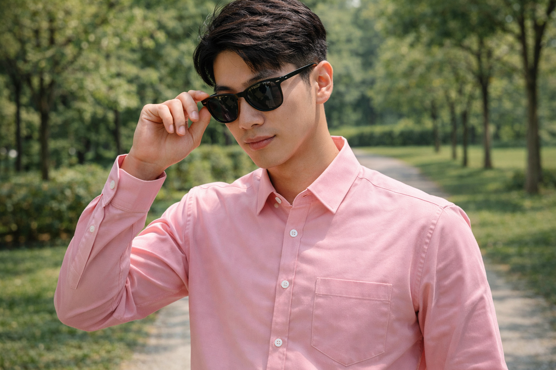 Men's pink slim-fit casual shirt, product view