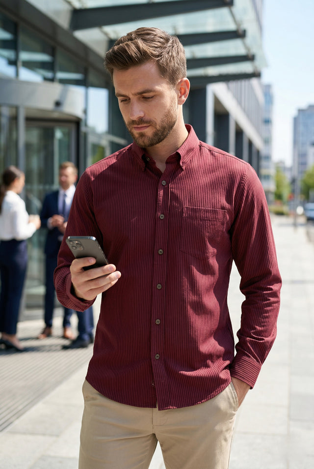Men Burgundy Textured Striped Slim Fit Casual Shirt — TryBuy®