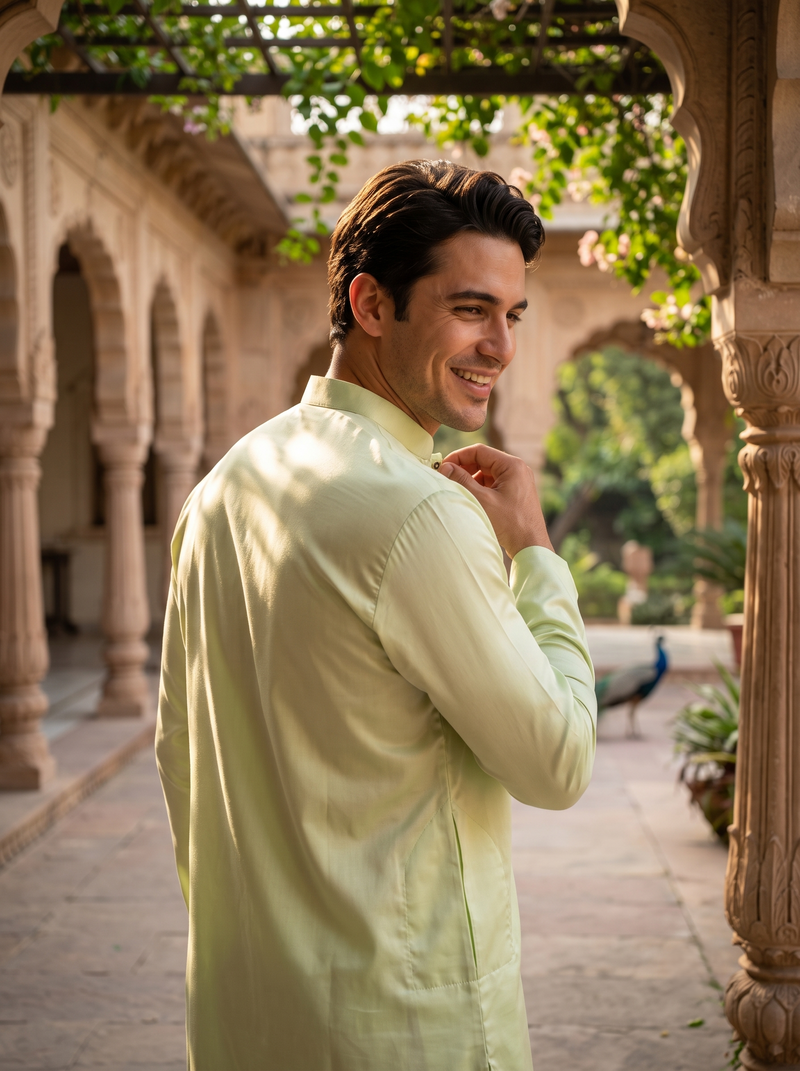 Men's Pistachio Green Embroidered Art Silk Kurta 6