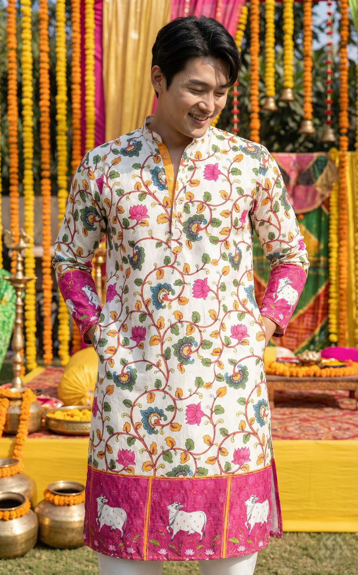 Men’s Off-White Floral Border Printed Kurta 2