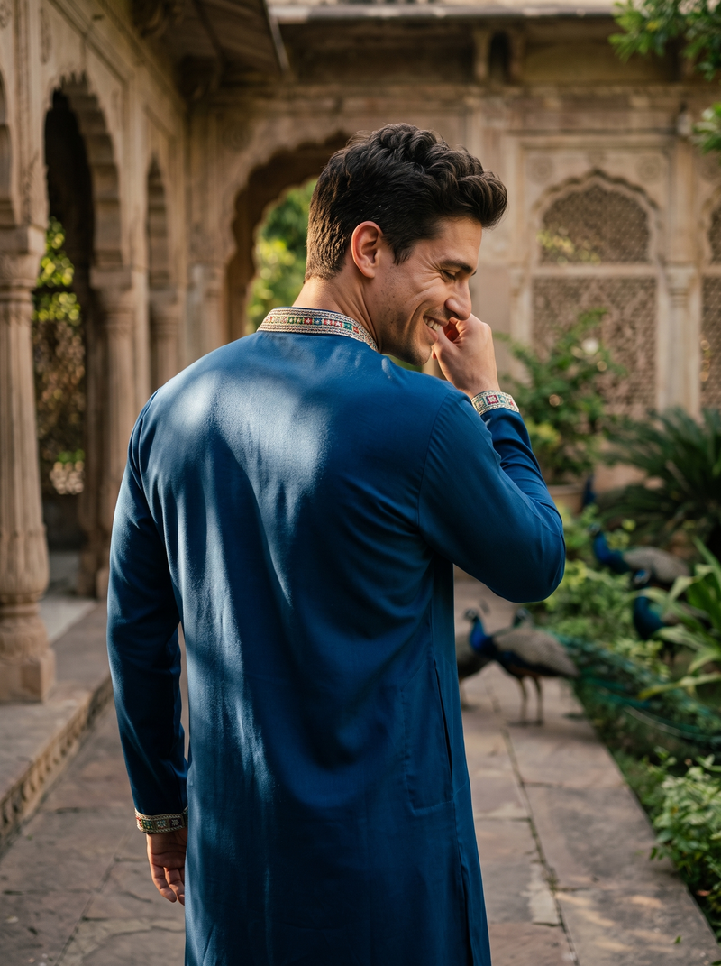 Men's Navy Blue Floral Embroidered Art Silk Blend Kurta Pyjama Set 6