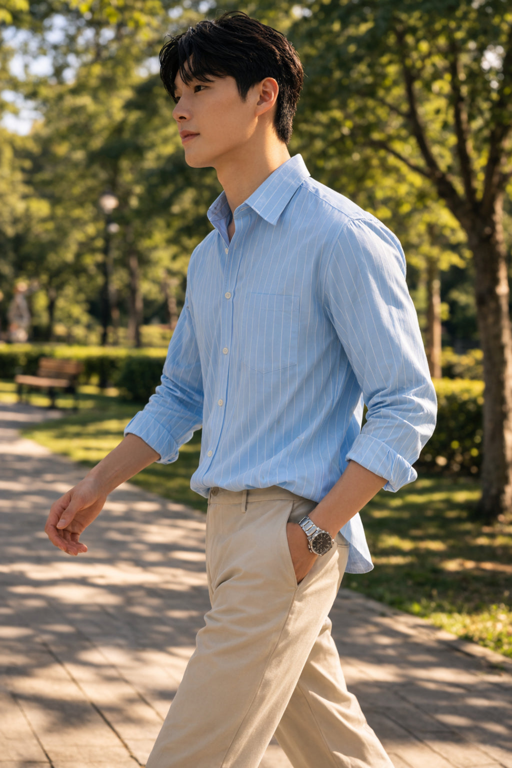 Mens Light Blue Striped Slim Fit Casual Shirt