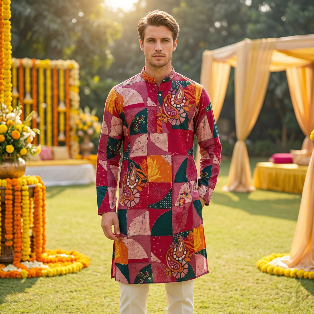 Maroon cotton-blend printed kurta for men