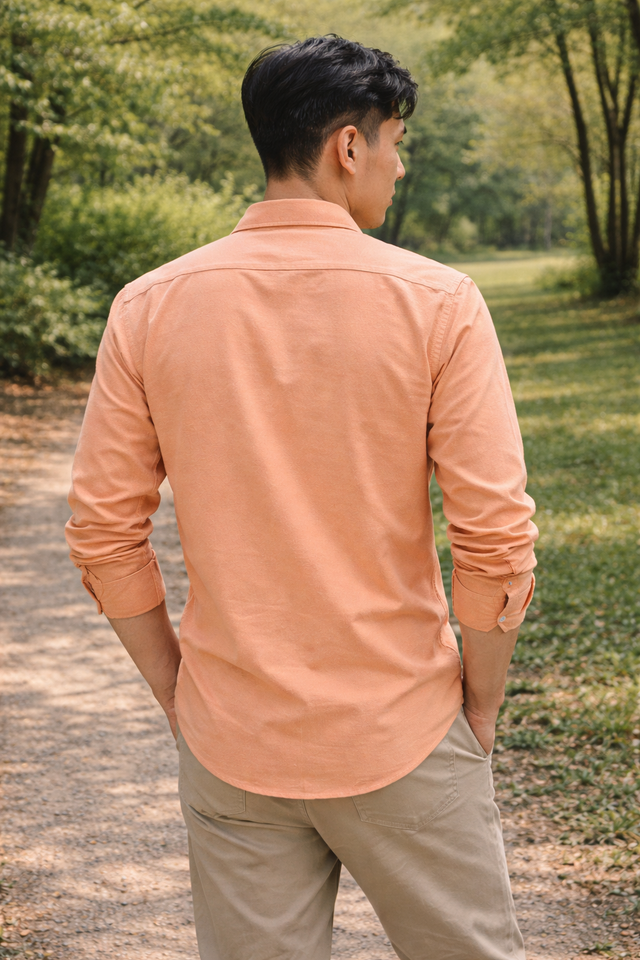 Men's peach slim-fit casual shirt, product view