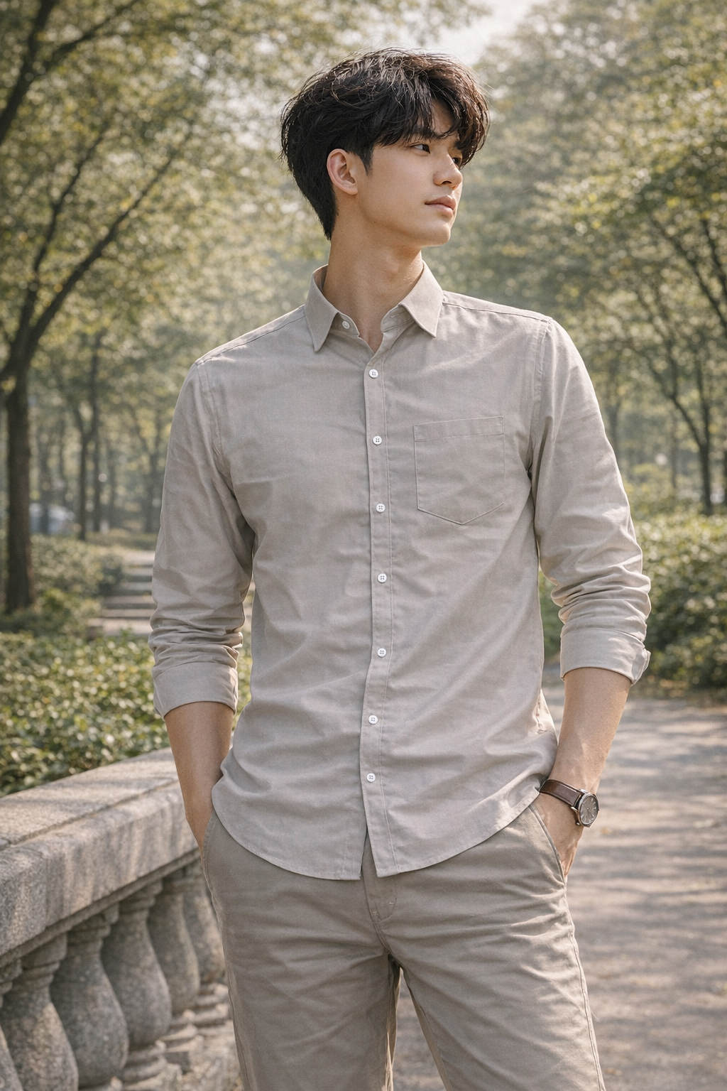 Men's cream slim-fit casual shirt, product view