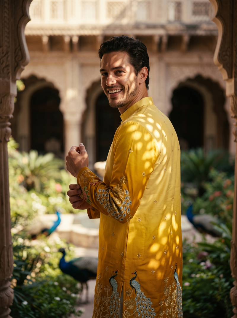 Men's Festive Yellow Ombre Art Silk Kurta with Peacock & Forest Embroidery 7