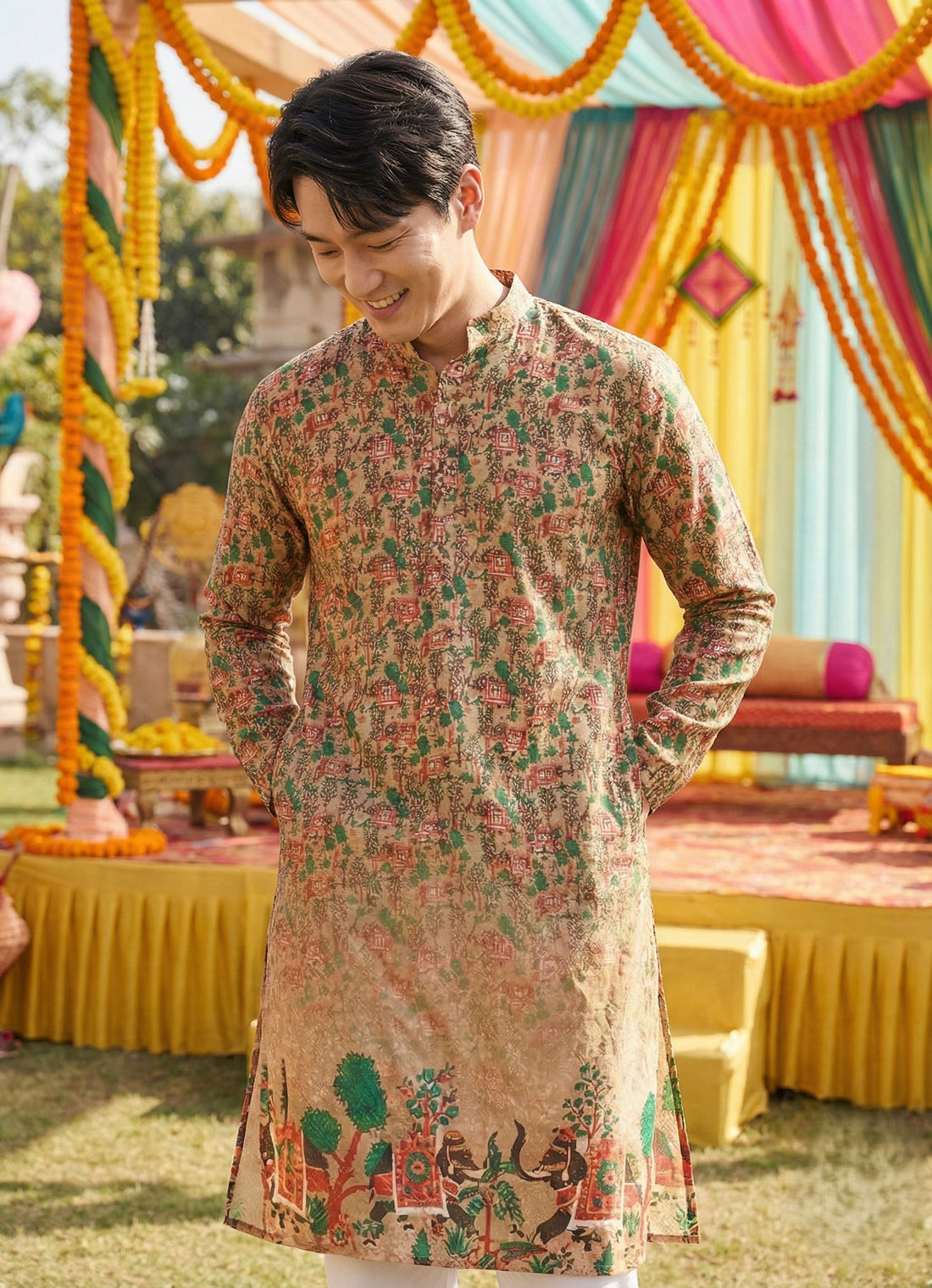 Men’s Beige Village Motif Printed Kurta