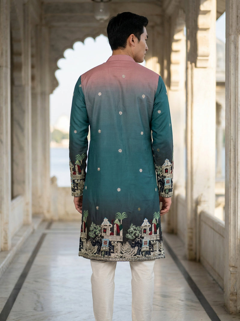 Men's Ombre Teal-Pink Kurta with Intricate Folk Art Embroidery 6