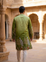 Men's Art Silk Ombre Green Tree of Life Embroidered Kurta 6