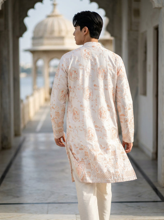 Men's Ivory Embroidered Art Silk Blend Festive Kurta 2