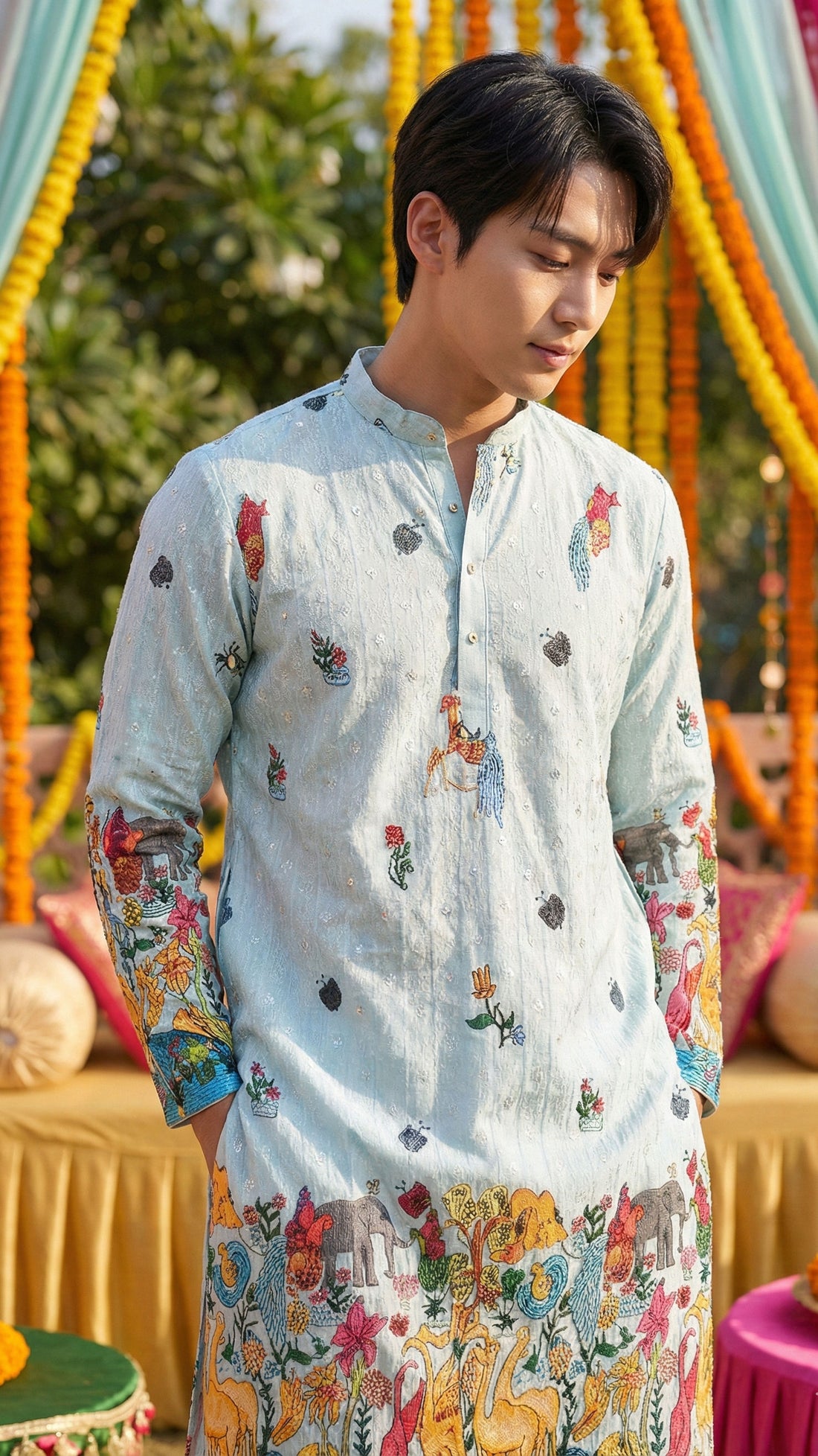 Men’s Pastel Blue Animal & Floral Printed Kurta