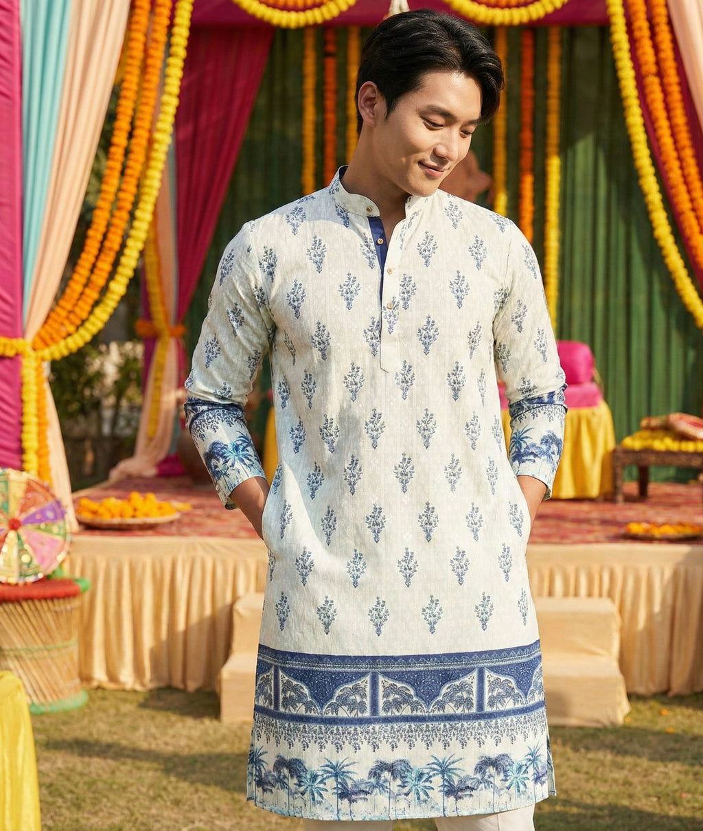 Men Cream Ethnic Motif Printed Kurta