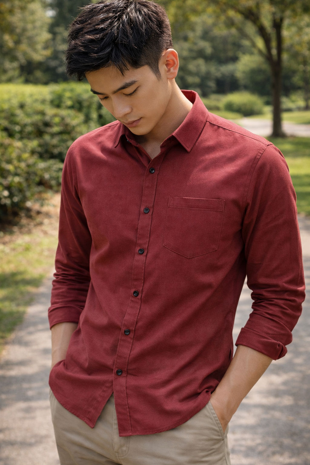 Men's rust red slim-fit casual shirt, product view