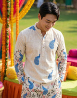 Men Cream Peacock Motif Printed Ethnic Kurta 3