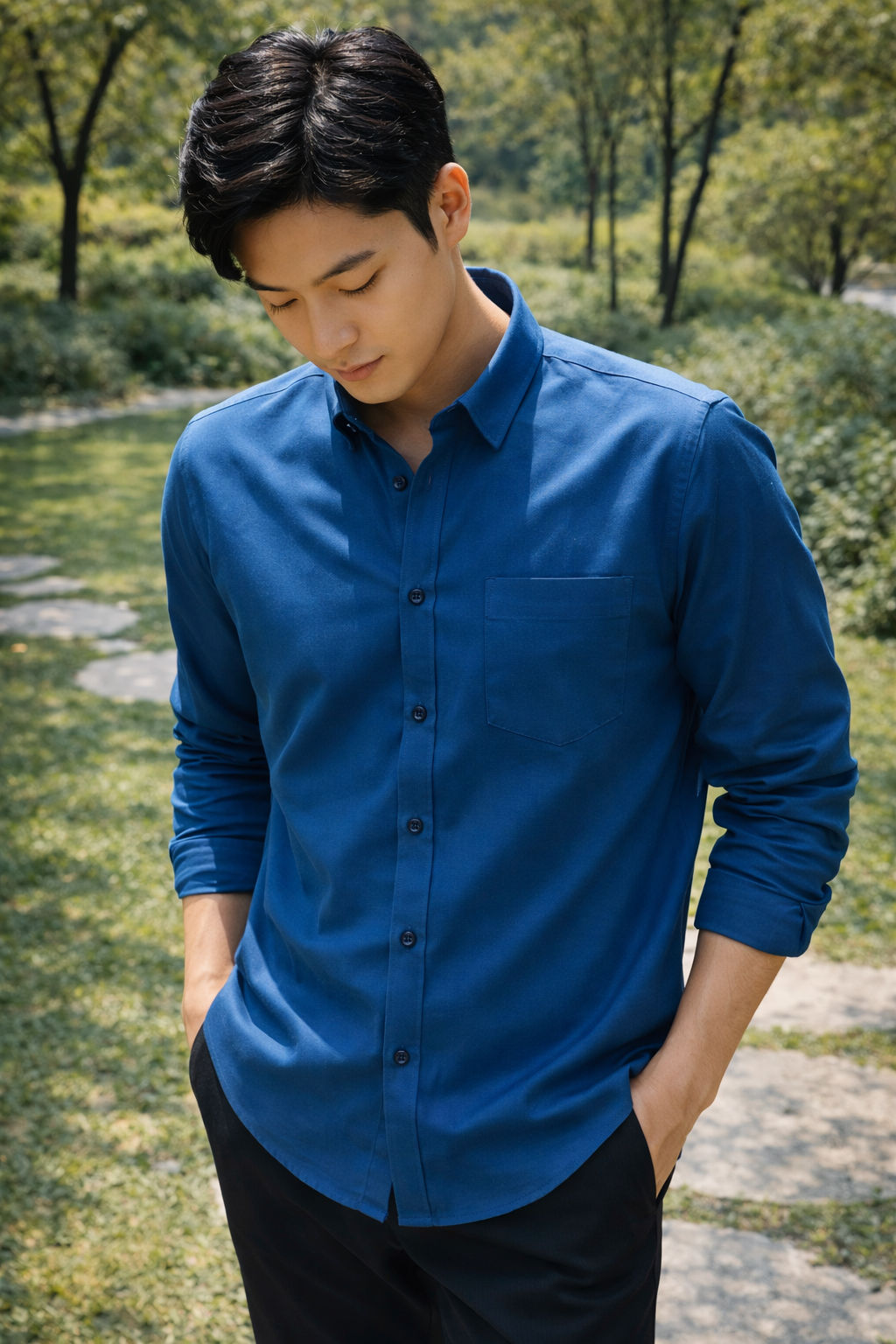 Men's royal blue slim-fit casual shirt, product view
