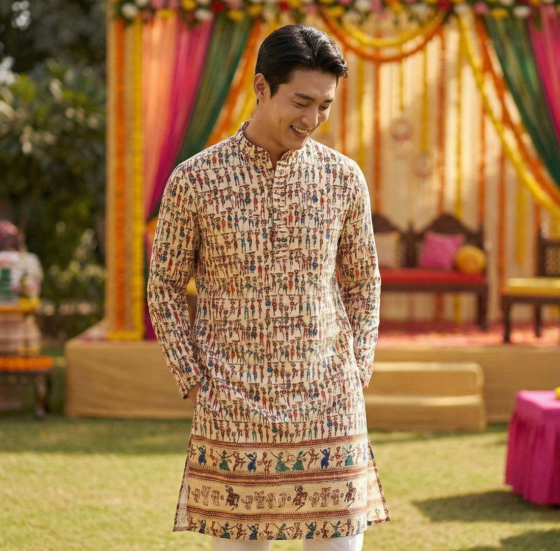 Men’s Cream Figurative Printed Kurta